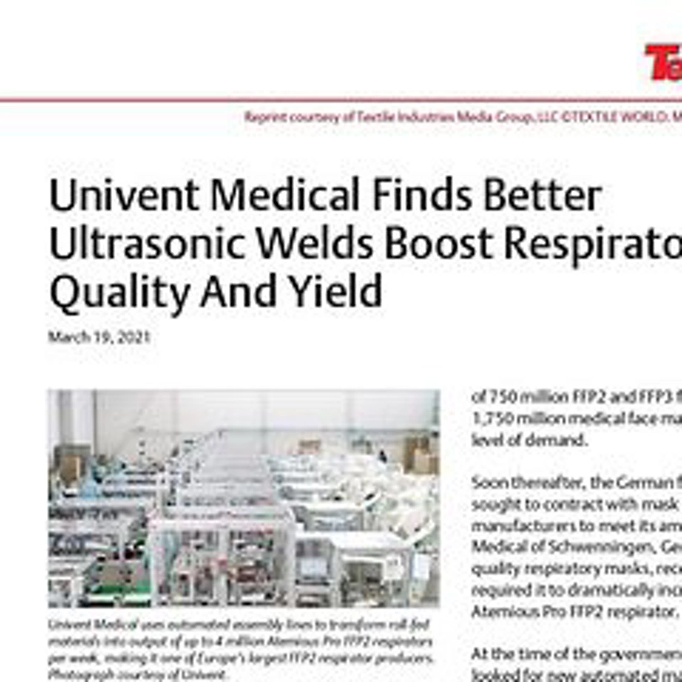 Univent Medical, 더 우수한 초음파 용착으로 호흡기 품질 및 수율 향상 가능